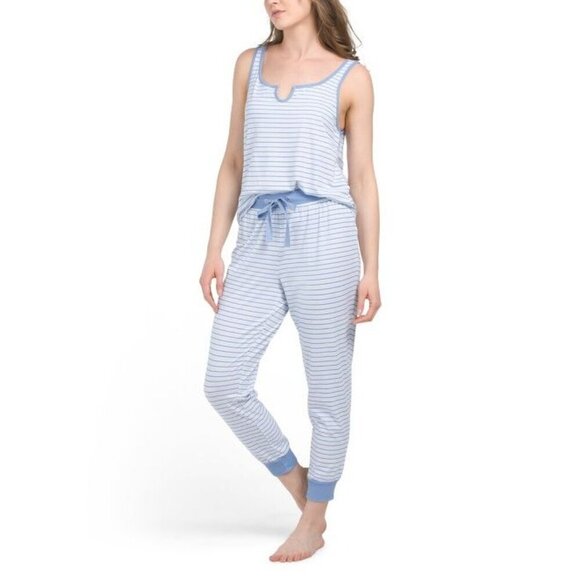 Splendid Womens Blue Striped Split Neck Tank Top Joggers Pajama Sets Sz L New - Picture 1 of 9